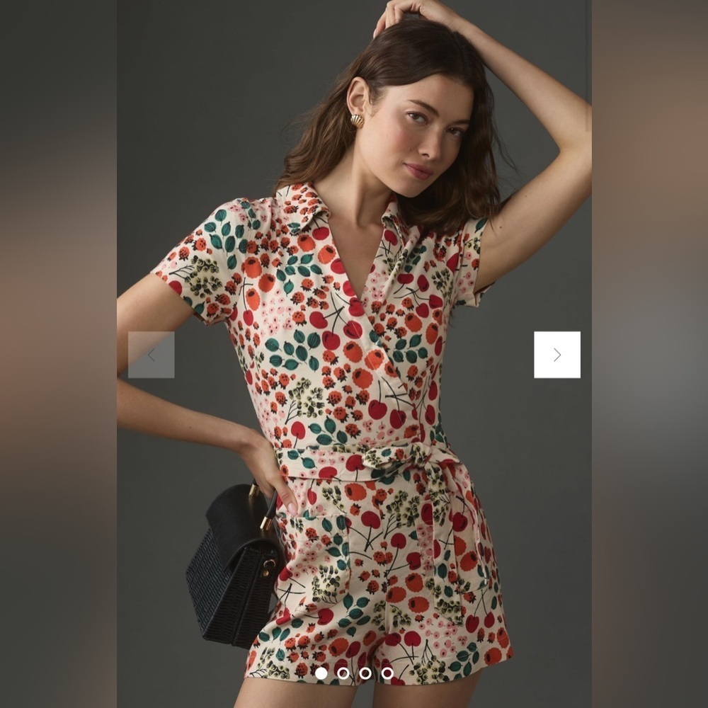 NWT Maeve Linen Short-Sleeve Wrap Romper in Red Motif